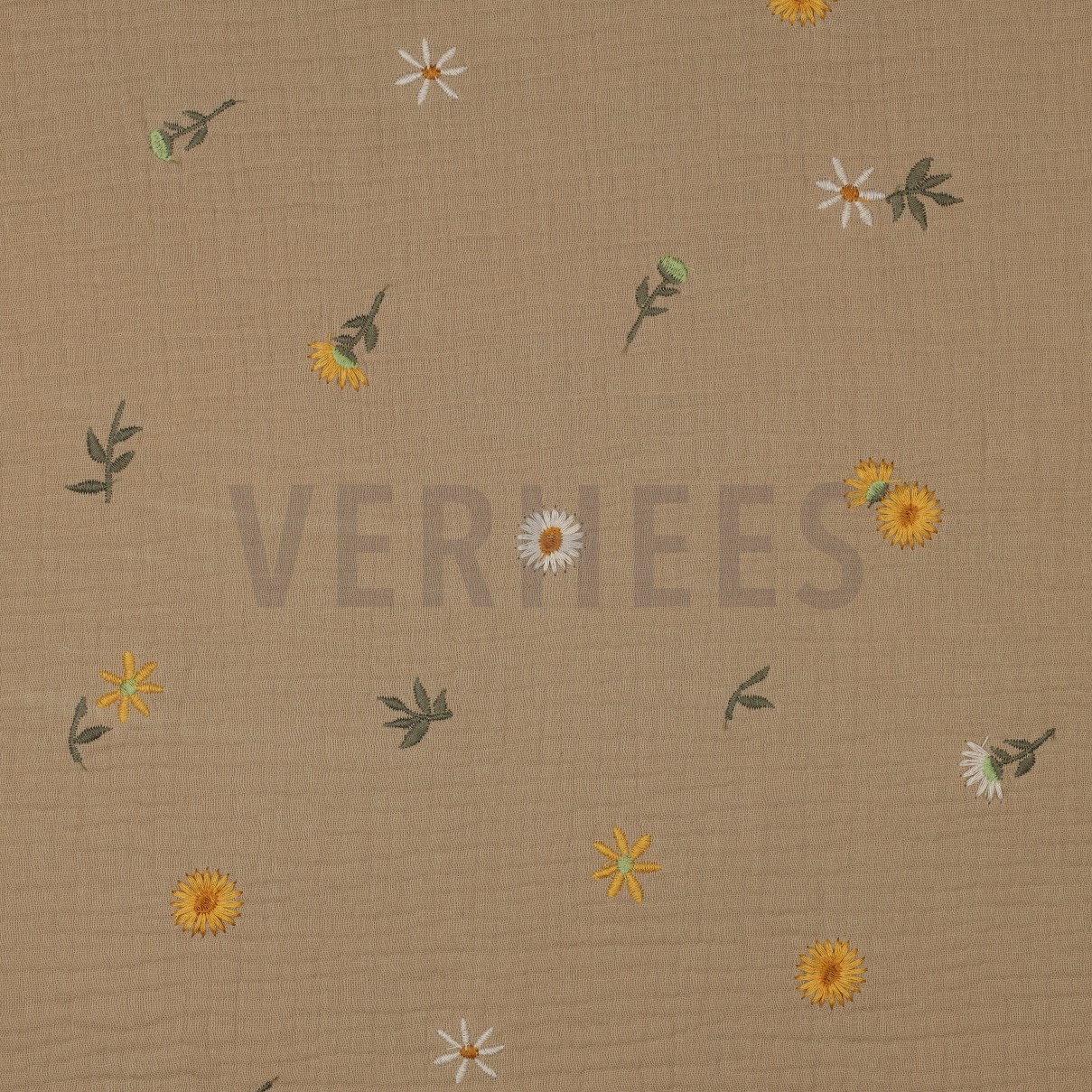 DOUBLE GAUZE EMBROIDERY SUNFLOWERS BEIGE (high resolution)