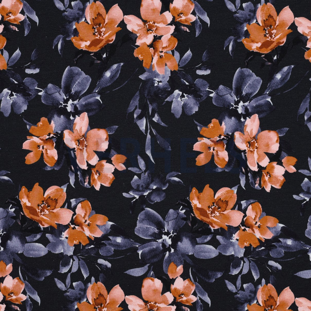 FRENCH TERRY DIGITAL FLOWERS NAVY (high resolution)