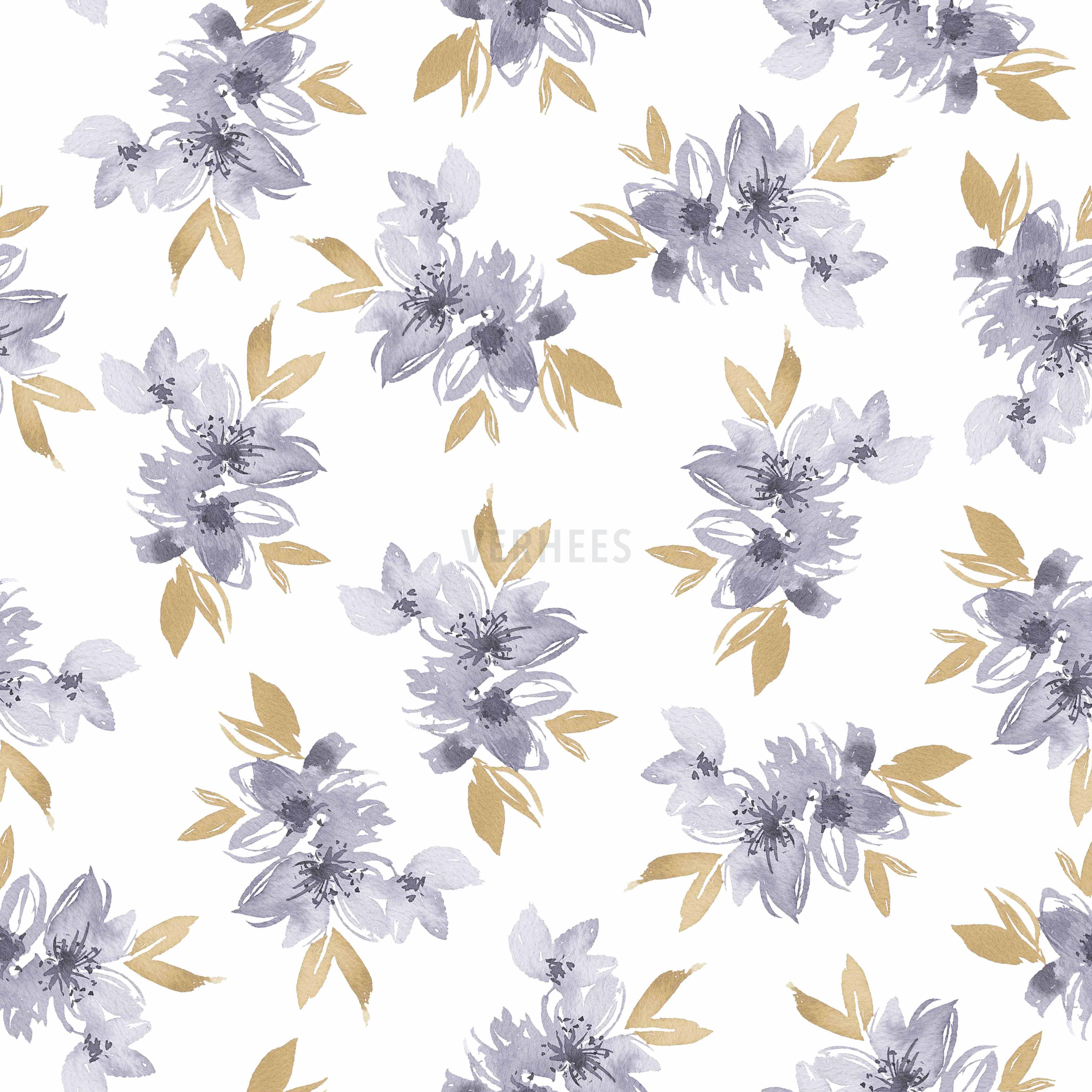 JERSEY DIGITAL FLOWERS AND LEAVES WHITE/ LAVENDER (high resolution)