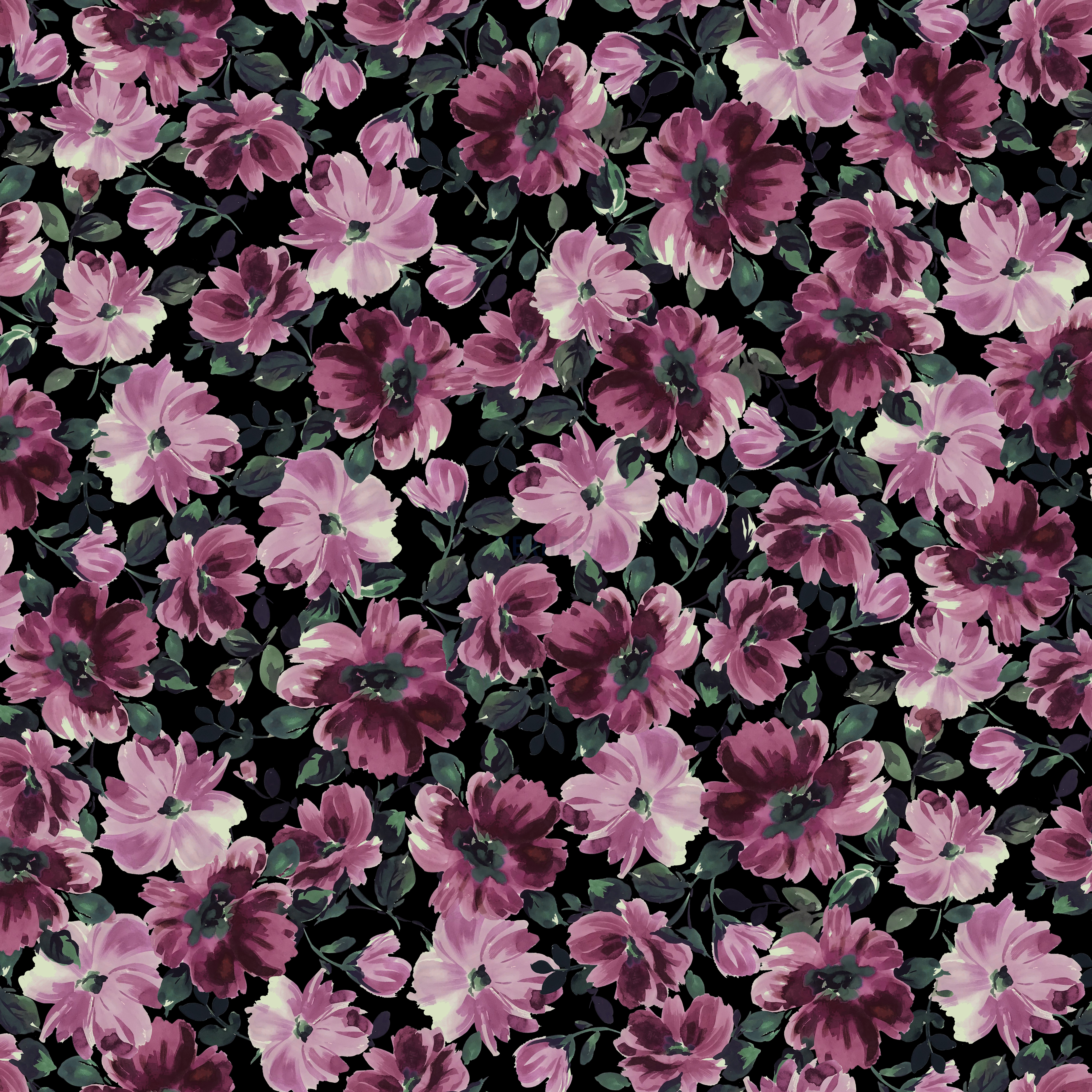 FRENCH TERRY DIGITAL SPRING FLOWERS BLACK (high resolution)