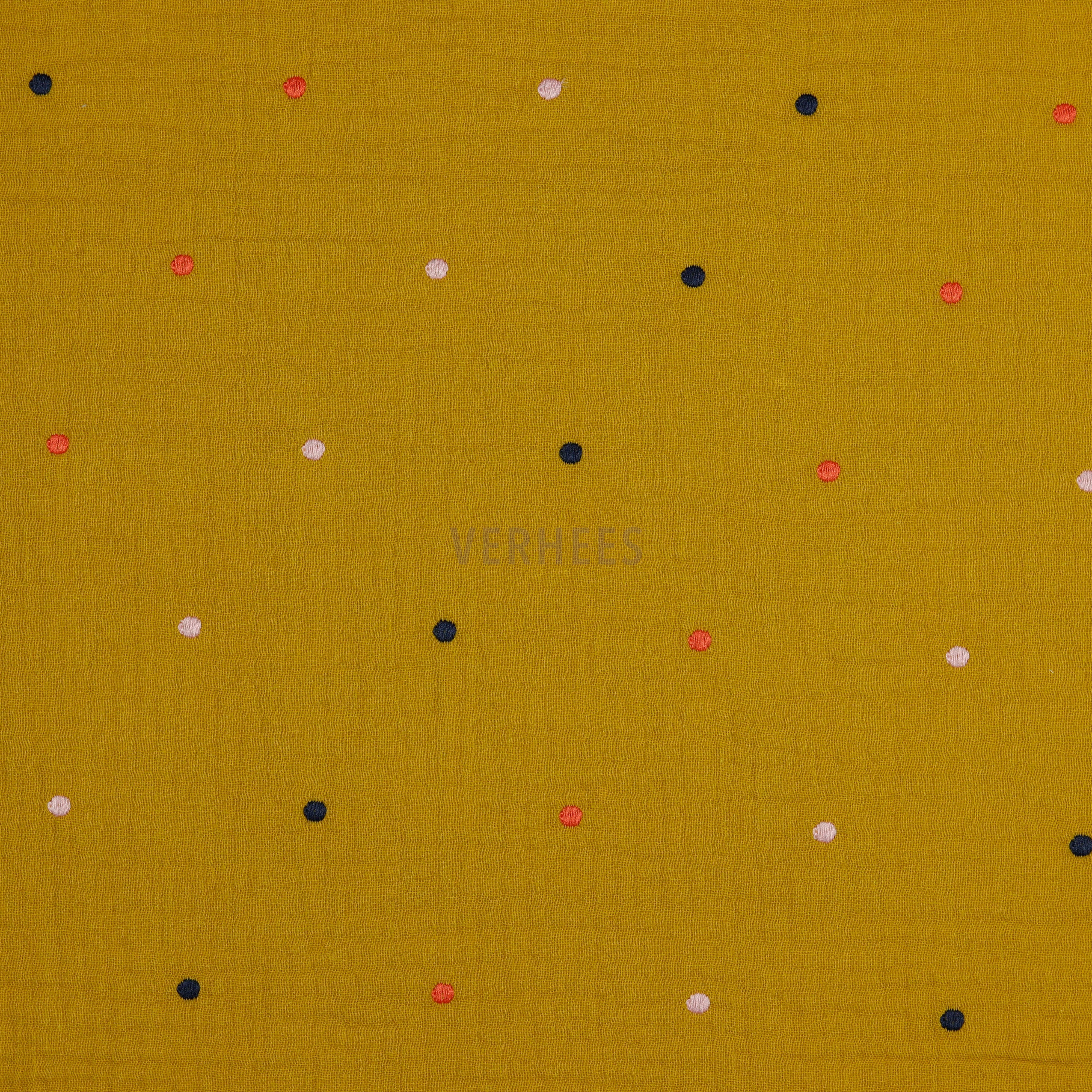 DOUBLE GAUZE EMBROIDERY DOTS OCHRE (high resolution)
