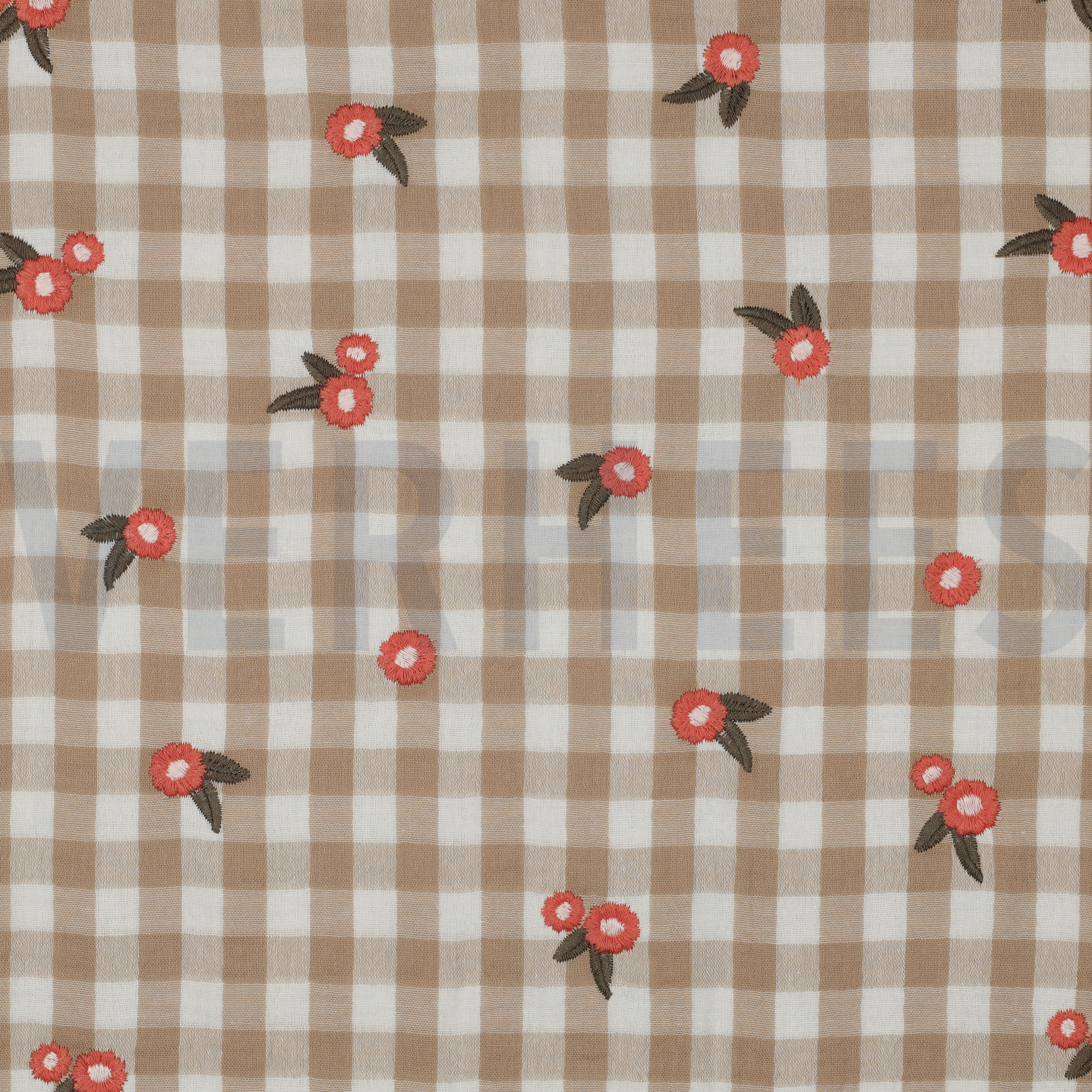 DOUBLE GAUZE CHECKS EMBROIDERY FLOWERS BEIGE (high resolution)