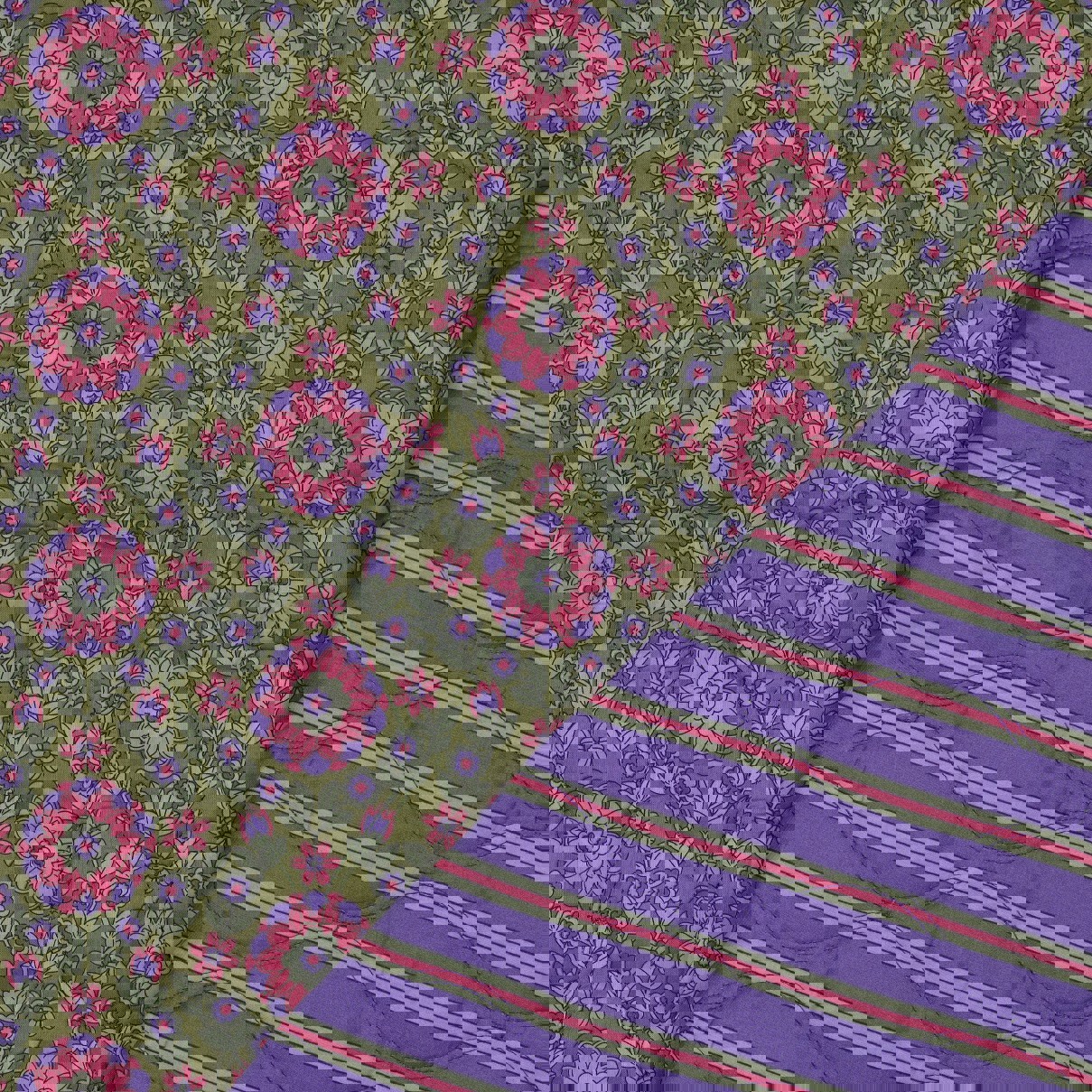 COTTON VOILE STEPPED FLOWERS PURPLE / ARMY GREEN (high resolution)