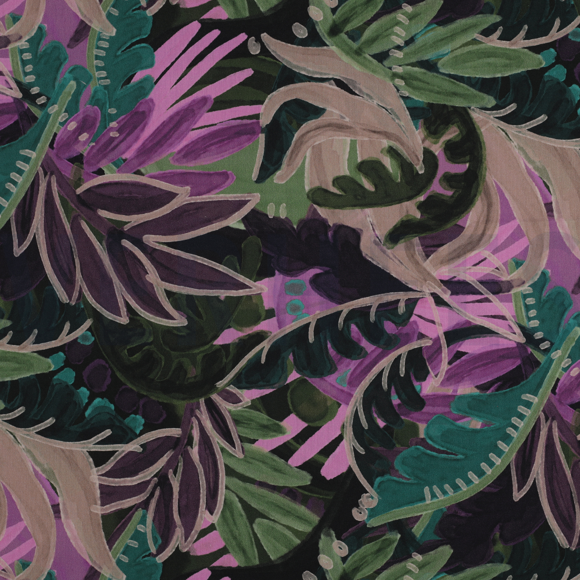 COTTON VISCOSE DIGITAL LEAVES PURPLE/ GREEN (high resolution)