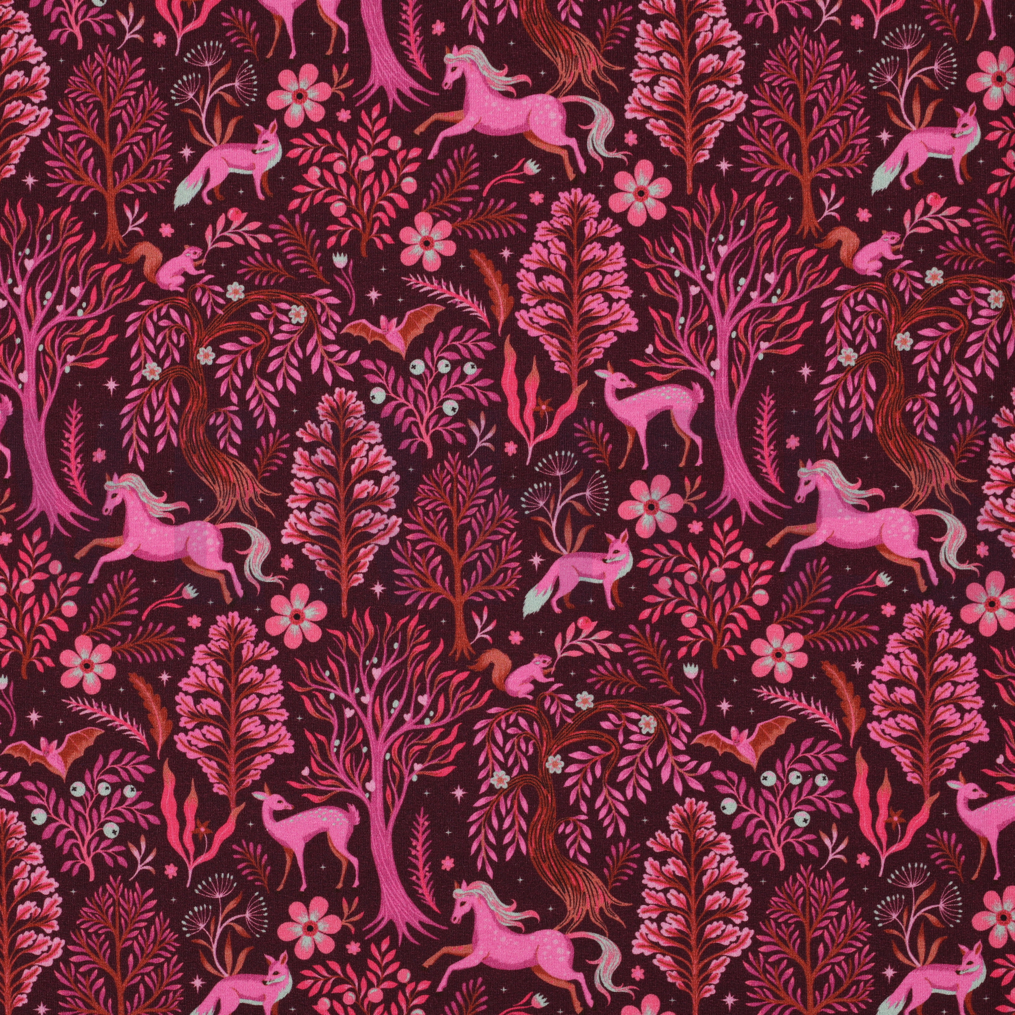 FRENCH TERRY DIGITAL FOREST ANIMALS BORDEAUX (high resolution)