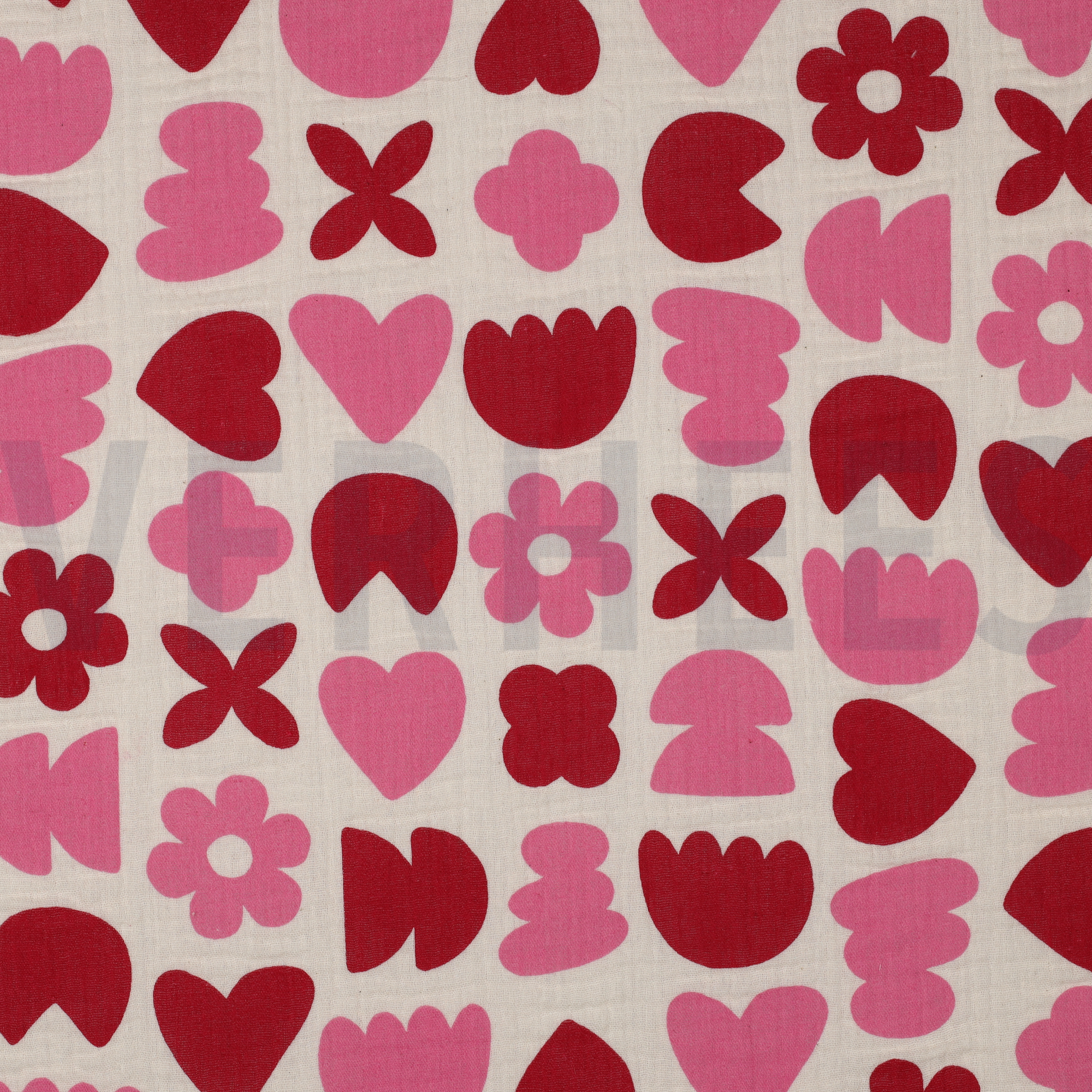 DOUBLE GAUZE GOTS NATURAL LOVE SHAPES NATURAL/ FUCHSIA (high resolution)