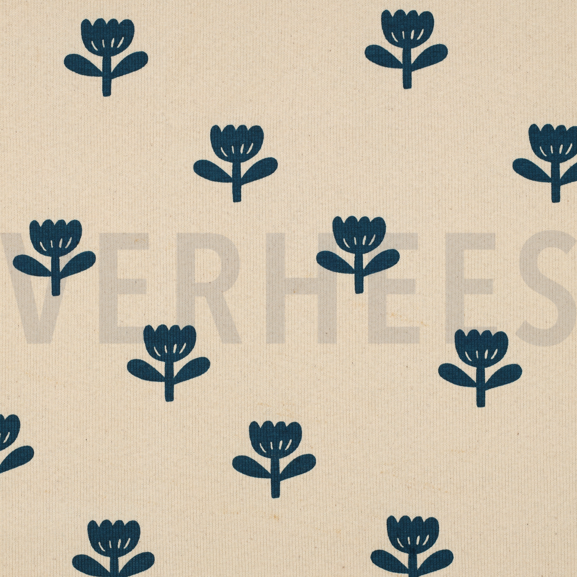 RIB JERSEY GOTS NATURAL FLOWERS NATURAL/ PETROL (high resolution)