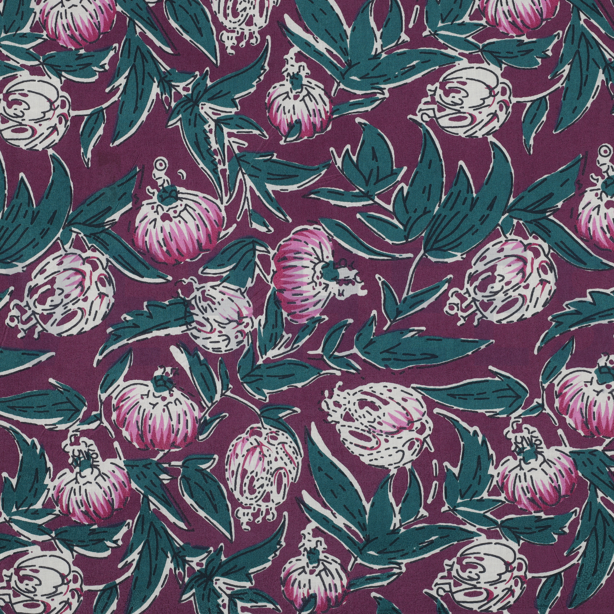 HANDCRAFTED BLOCK-PRINTED COTTON FLOWERS AUBERGINE (high resolution)