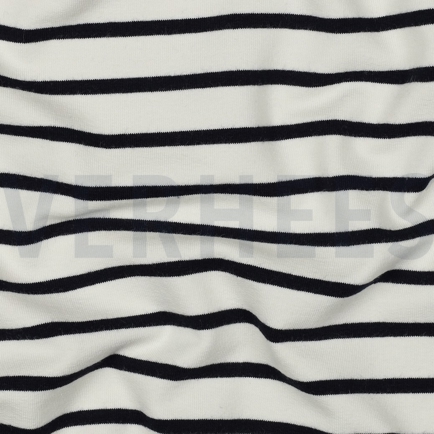 FRENCH TERRY GARENGEVERFD STREPEN ÉCRU / DONKERBLAUW (hover)