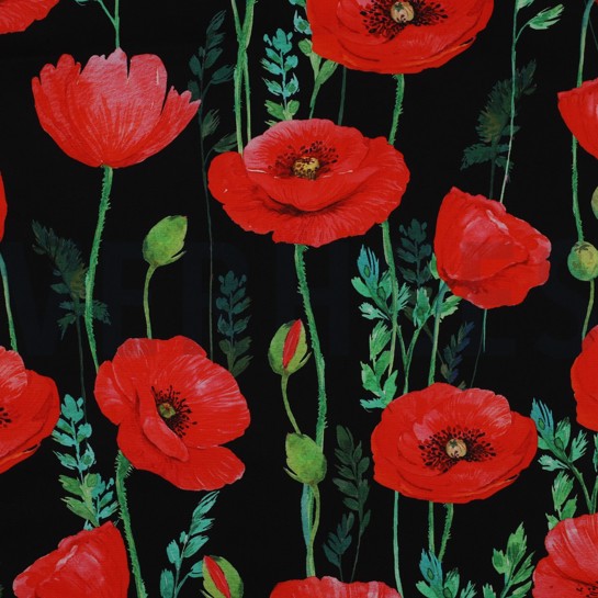 FINE POPLIN DIGITAL POPPY FLOWERS BLACK #7