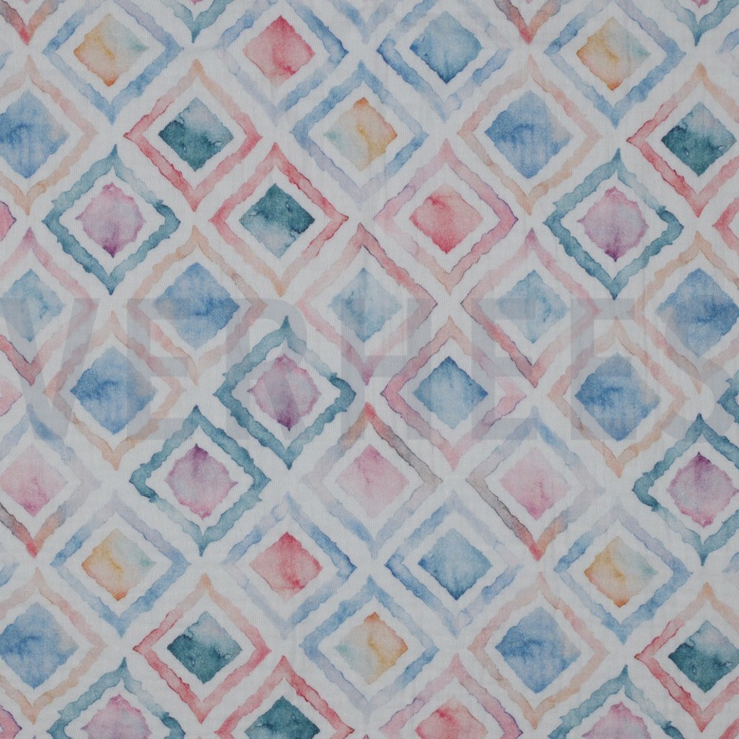 DOUBLE GAUZE DIGITAL GEO WATERCOLOUR WHITE/BLUE