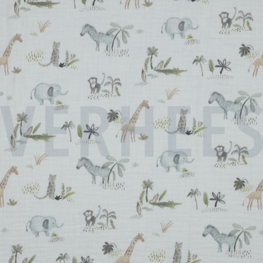 DOUBLE GAUZE DIGITAL SAFARI ANIMALS WHITE