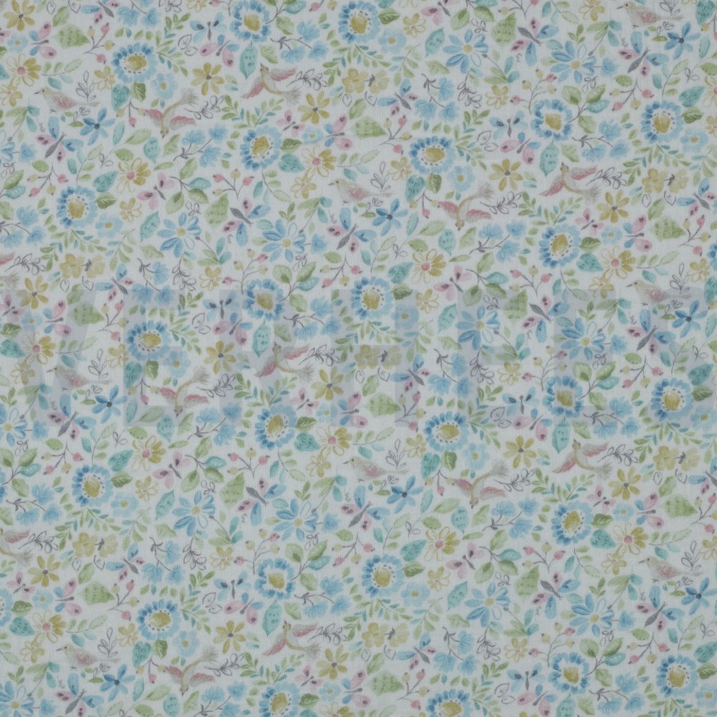 DOUBLE GAUZE GOTS DIGITAL FLOWERS WHITE/BLUE
