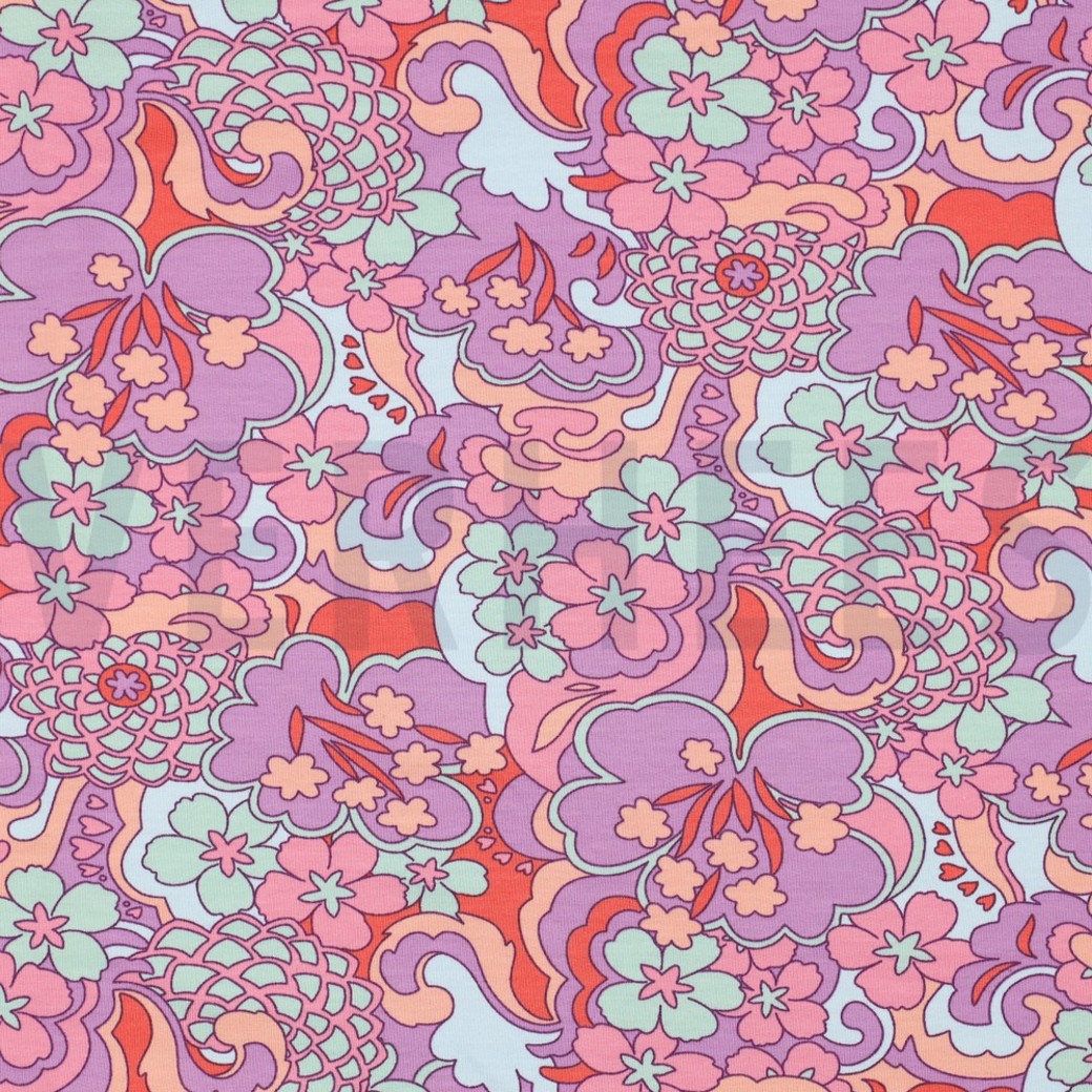 FRENCH TERRY ABSTRACT FLOWERS PURPLE