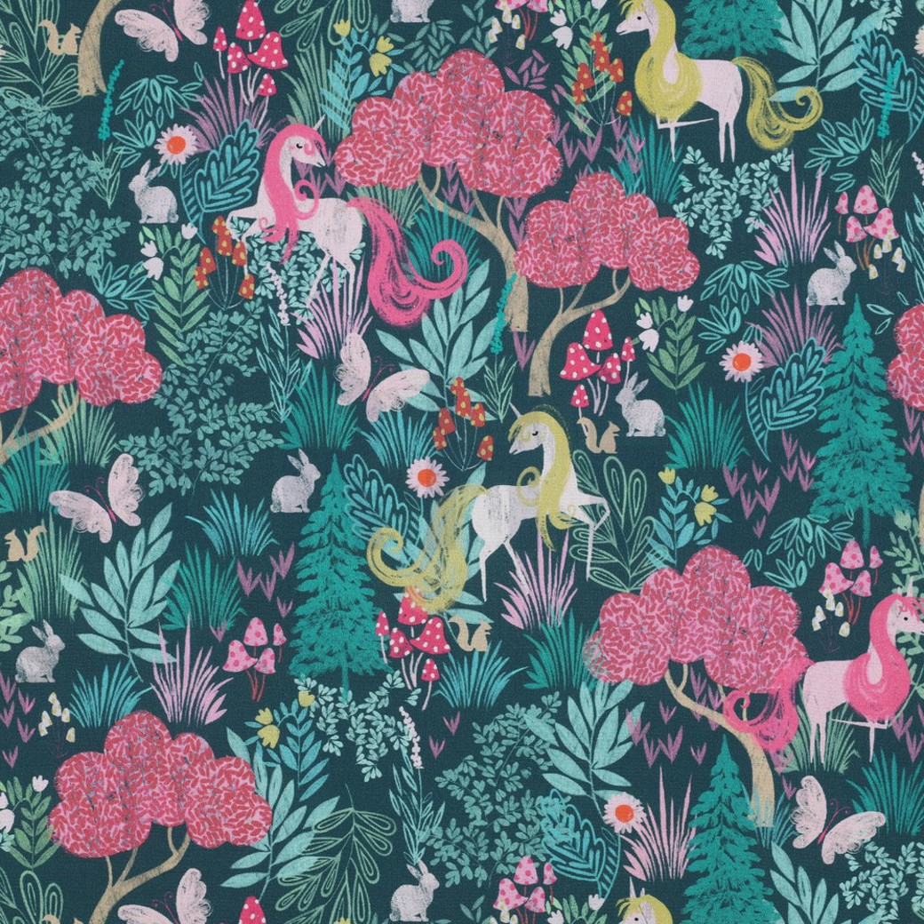 FINE POPLIN DIGITAL UNICORNS DARK GREEN