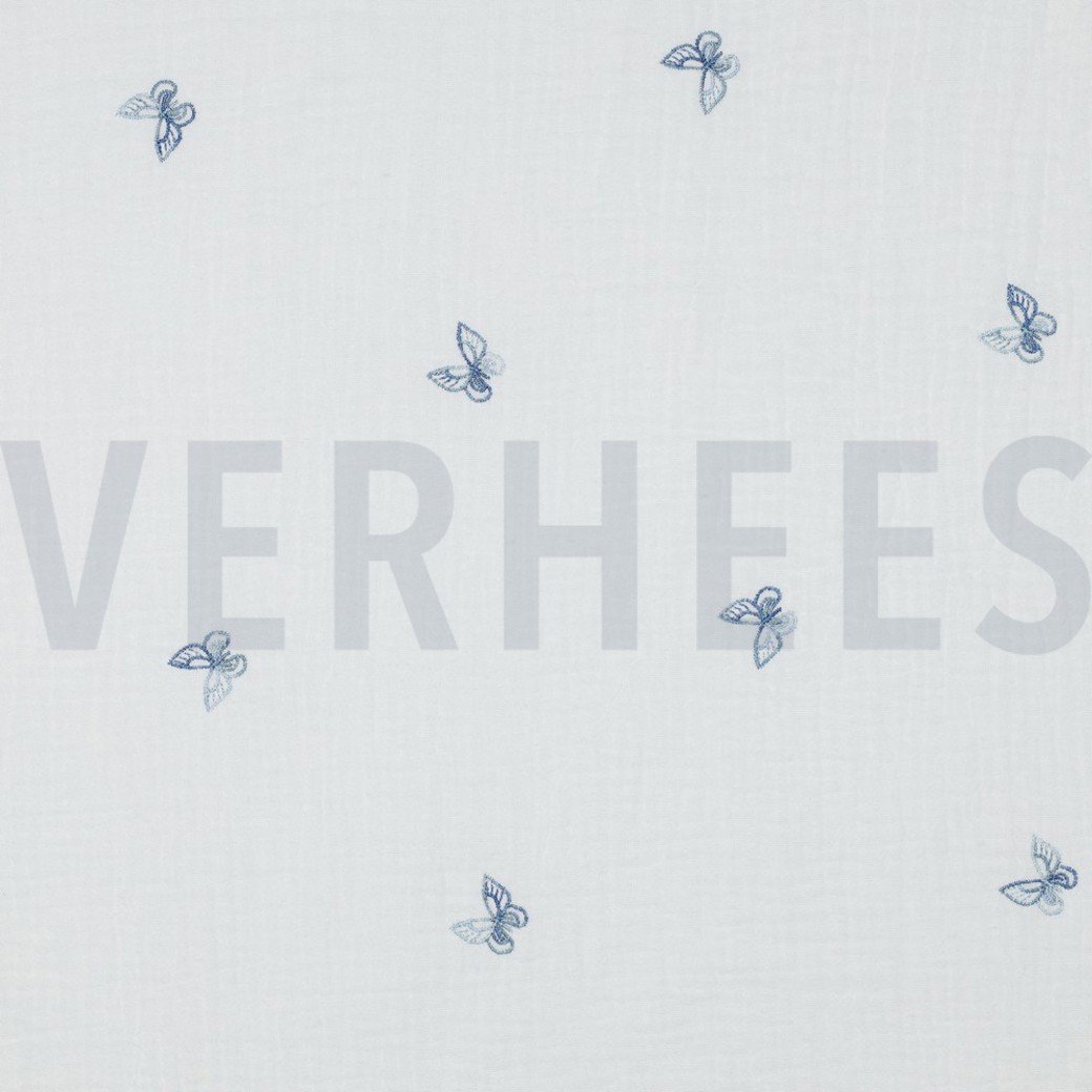 DOUBLE GAUZE EMBROIDERY BUTTERFLY WHITE / BLUE