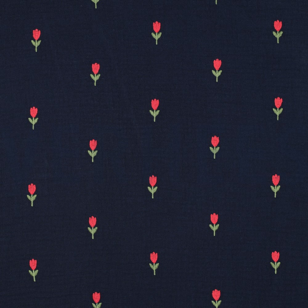 DOUBLE GAUZE EMBROIDERY FLOWERS NAVY