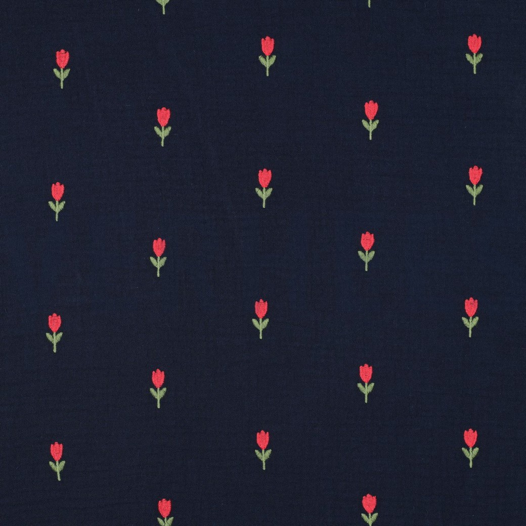 DOUBLE GAUZE EMBROIDERY FLOWERS NAVY