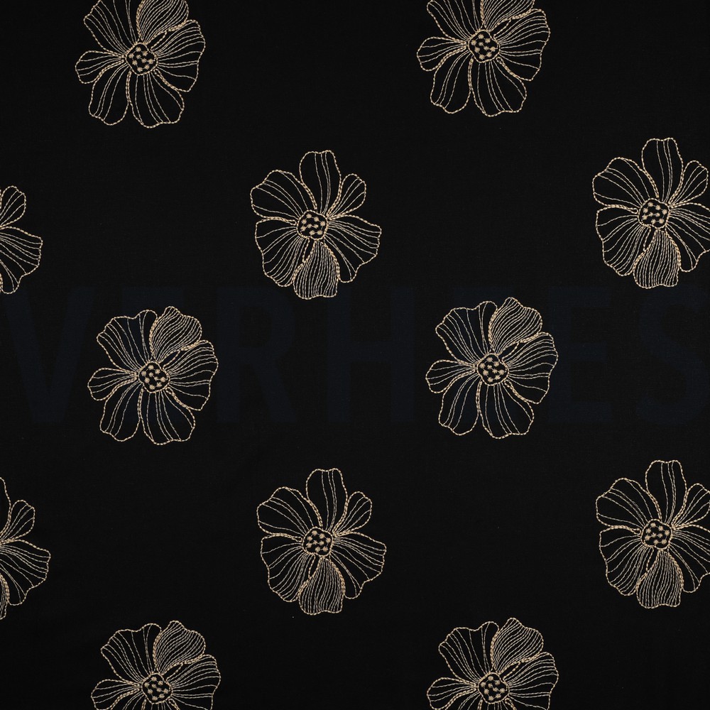 LINEN VISCOSE EMBROIDERY FLOWERS BLACK (hover)
