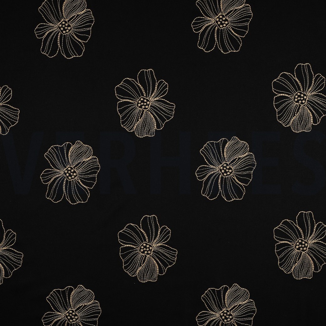 LINEN VISCOSE EMBROIDERY FLOWERS BLACK