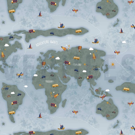 BAUMWOLLE POPELINE DIGITAL ABENTEUERKARTE HELLBLAU #7