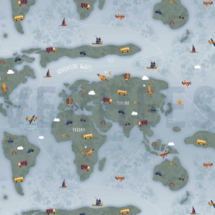 BAUMWOLLE POPELINE DIGITAL ABENTEUERKARTE HELLBLAU (hover)