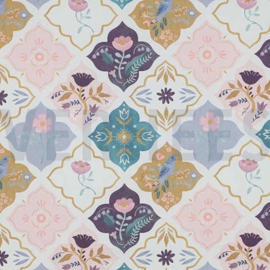 FINE POPLIN DIGITAL BIRDS & FLOWERS WHITE #7