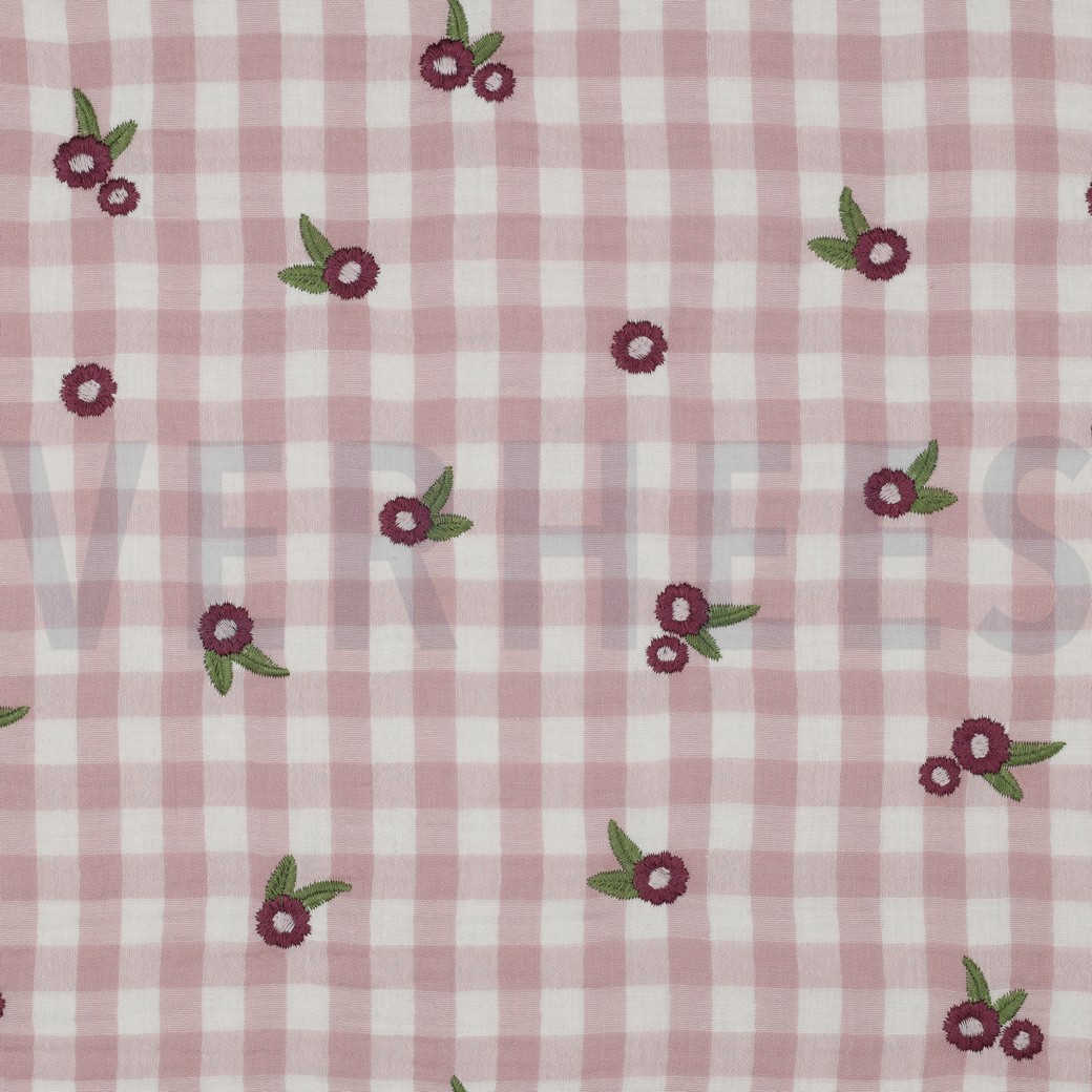 DOUBLE GAUZE CHECKS EMBROIDERY FLOWERS MAUVE