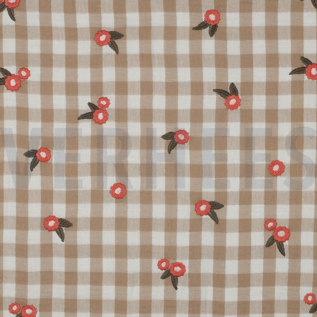 DOUBLE GAUZE CHECKS EMBROIDERY FLOWERS BEIGE (hover)