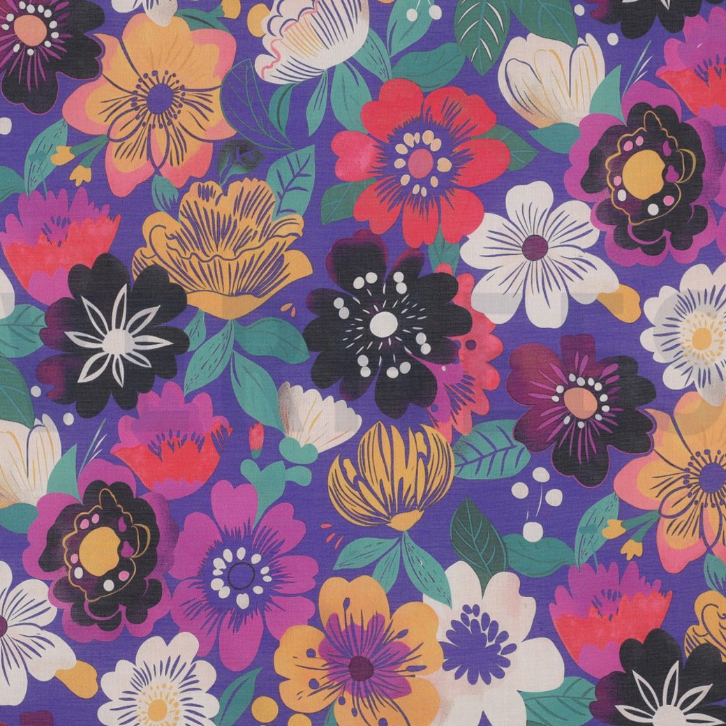 COTTON VOILE DIGITAL FLOWERS COBALT