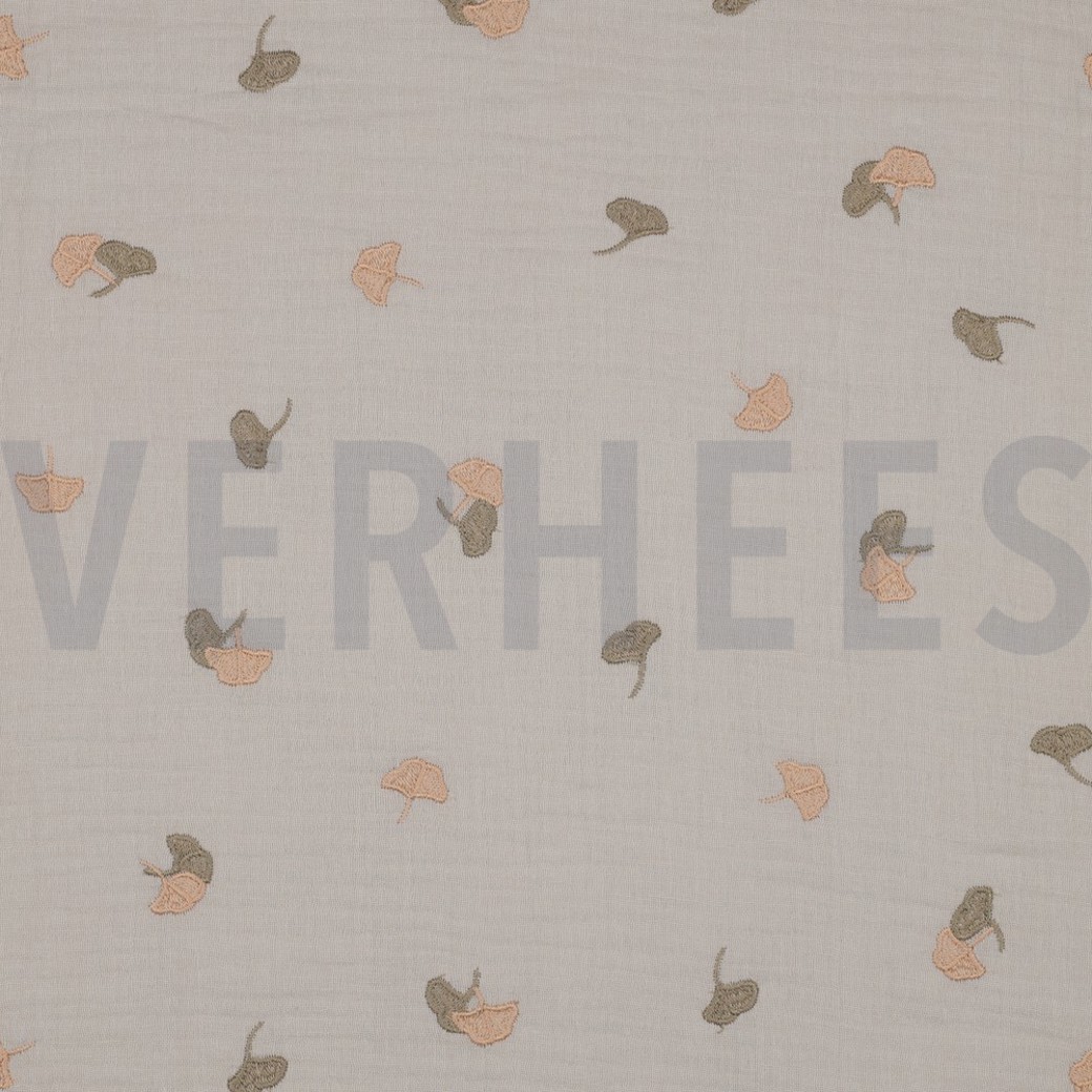 DOUBLE GAUZE EMBROIDERY LEAVES LIGHT SAND