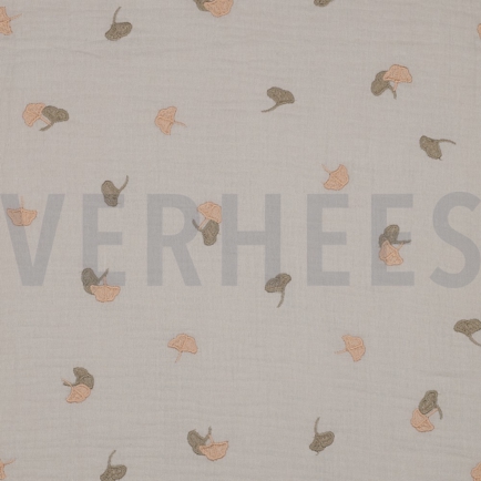 DOUBLE GAUZE EMBROIDERY LEAVES LIGHT SAND (hover)