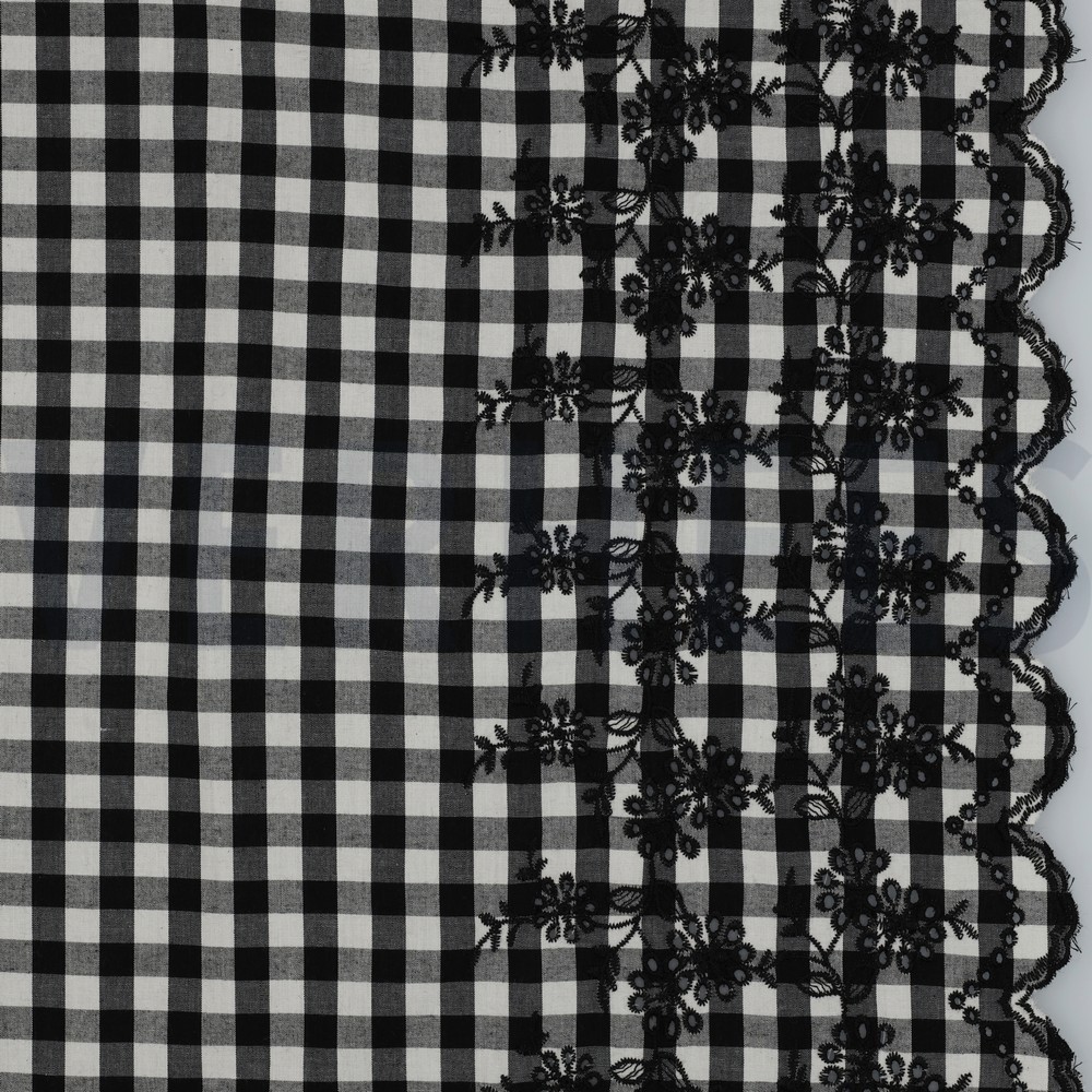 COTTON CHECKS ONE-SIDE BORDER ONE-SIDE SCALLOP BLACK / WHITE