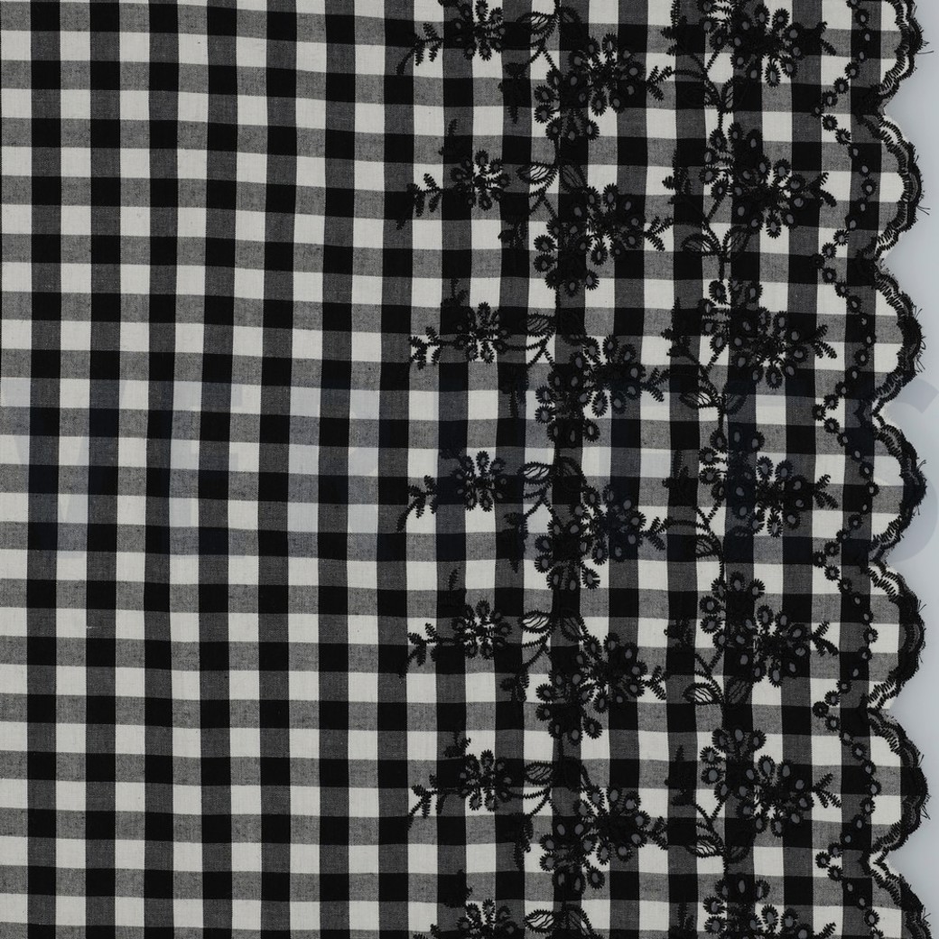 COTTON CHECKS ONE-SIDE BORDER ONE-SIDE SCALLOP BLACK / WHITE