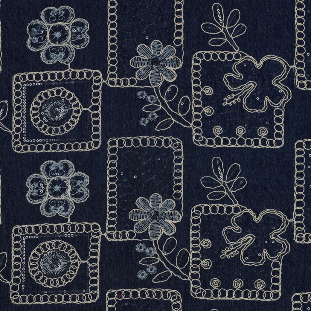 DENIM EMBROIDERY FLOWERS SEQUINS DARK BLUE