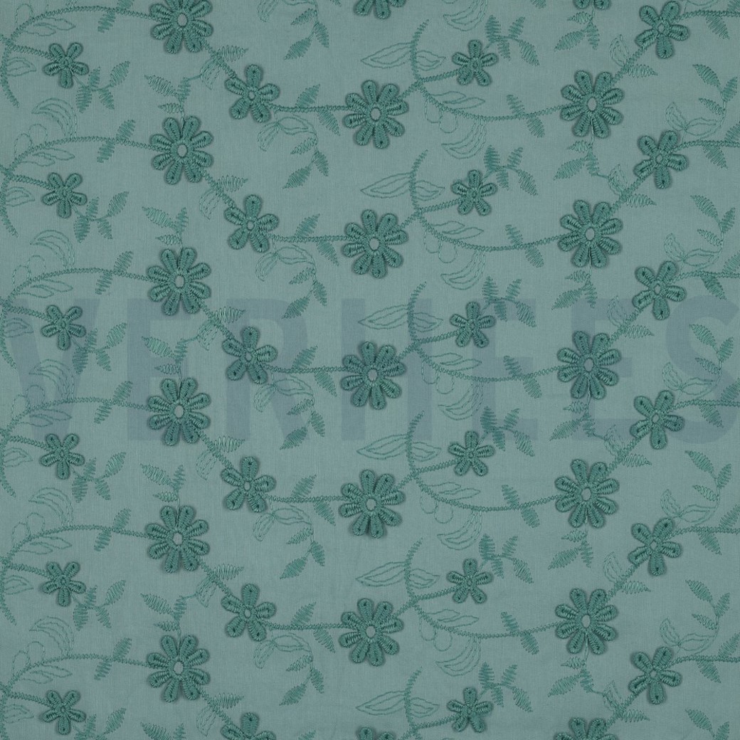 COTTON VOILE EMBROIDERY FLOWERS OLD GREEN