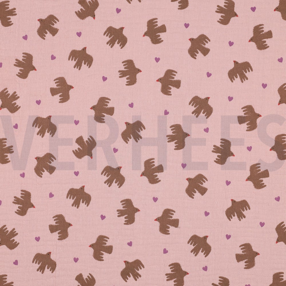 DOUBLE GAUZE GOTS BIRDS SOFT ROSE (hover)