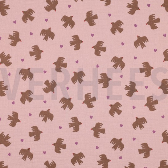 DOUBLE GAUZE GOTS BIRDS SOFT ROSE #7
