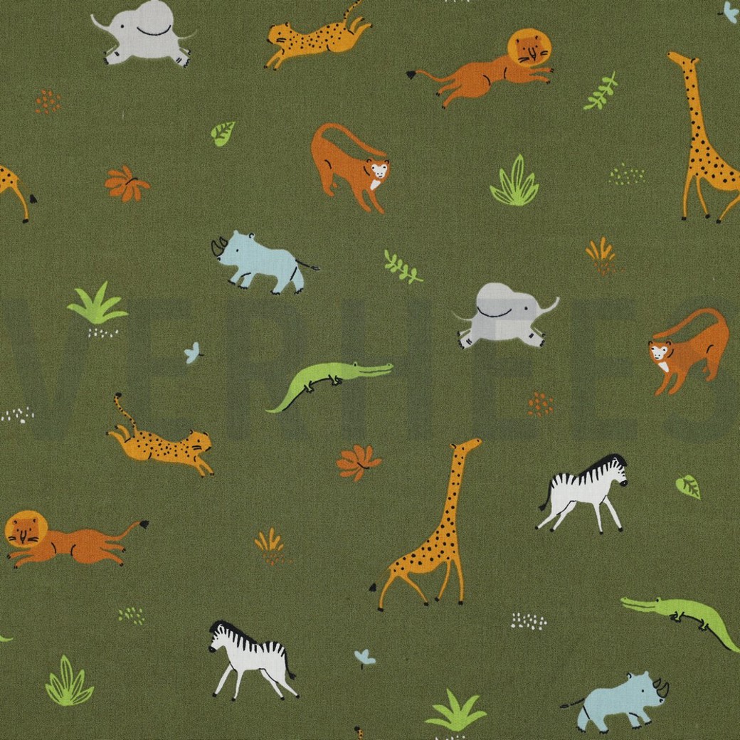 POPLIN GOTS ANIMALS ARMY GREEN