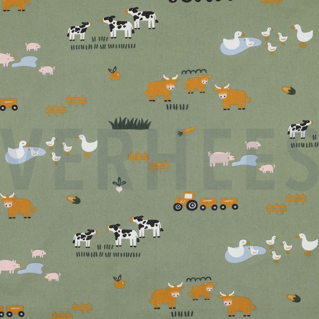 FINE POPLIN FARM ANIMALS ARMY GREEN