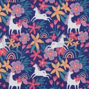 FINE POPLIN FLOWERS AND UNICORNS COBALT (thumbnail)