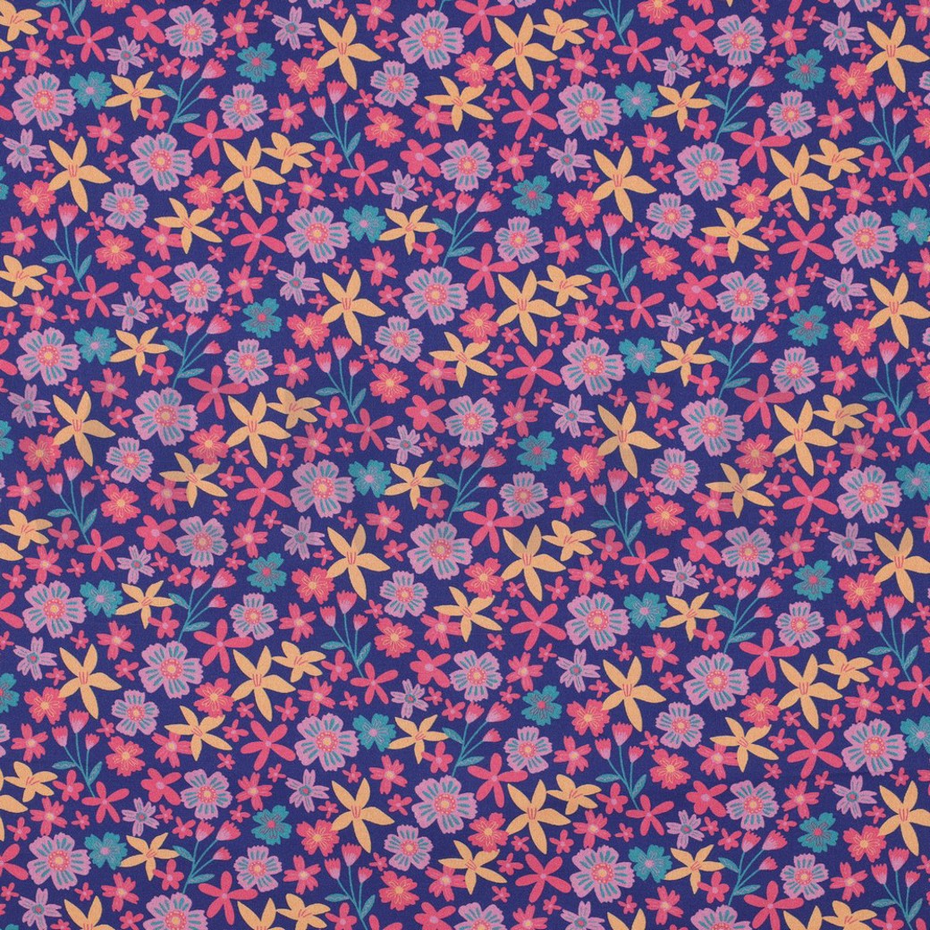 FINE POPLIN FLOWERS AND UNICORNS COBALT