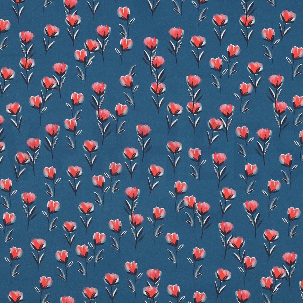 FINE POPLIN DIGITAL FLOWERS PETROL