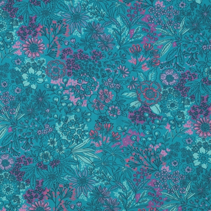 FINE POPLIN DIGITAL FLOWERS PETROL (hover)