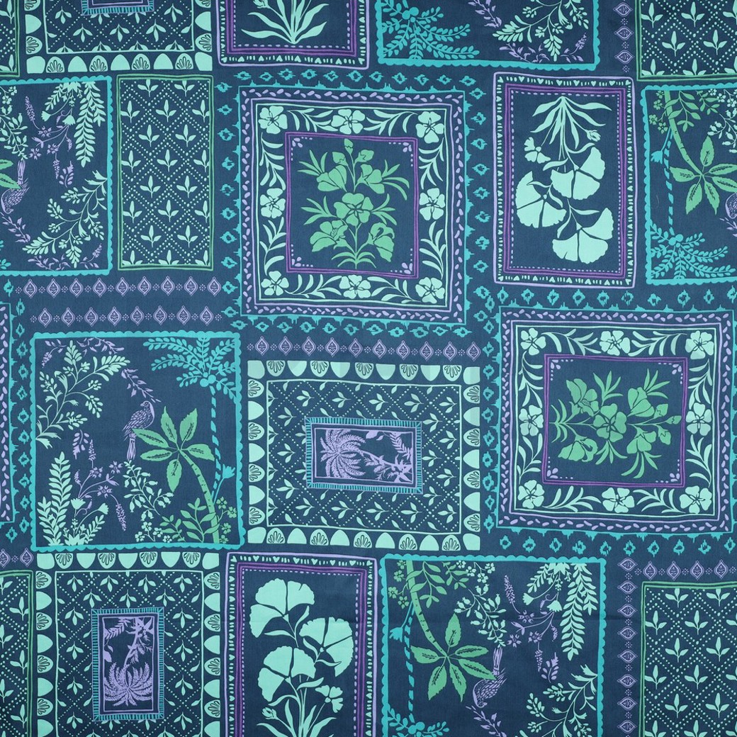 COTTON SATIN PATCHWORK FLOWERS PETROL