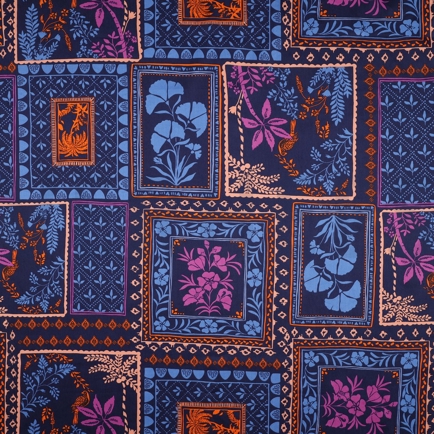 KATOEN SATIJN PATCHWORK BLOEMEN MARINEBLAUW (hover)