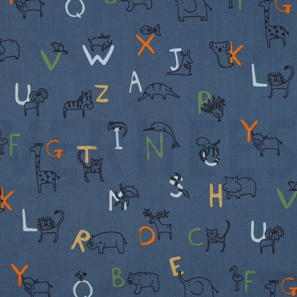 POPLIN GOTS ANIMAL ALPHABETH BLUE