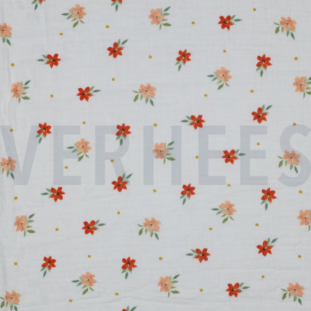 DOUBLE GAUZE DIGITAL FLOWERS WHITE / PINK