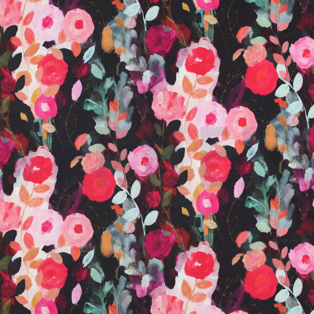 VISCOSE SATIN DIGITAL FLOWERS BLACK
