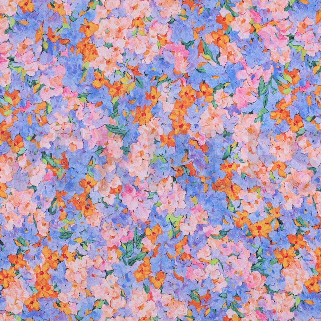 VISCOSE SATIN DIGITAL FLOWERS BLUE